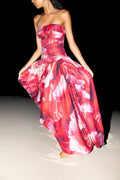 Ada, a berry toned floral print midaxi with a strapless fitted bodice and stretch across the back.