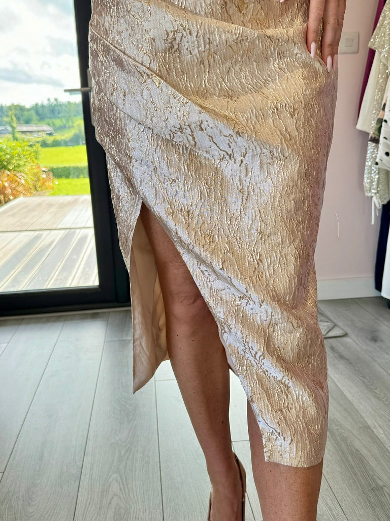 Trinity, cream midi dress, third view.
