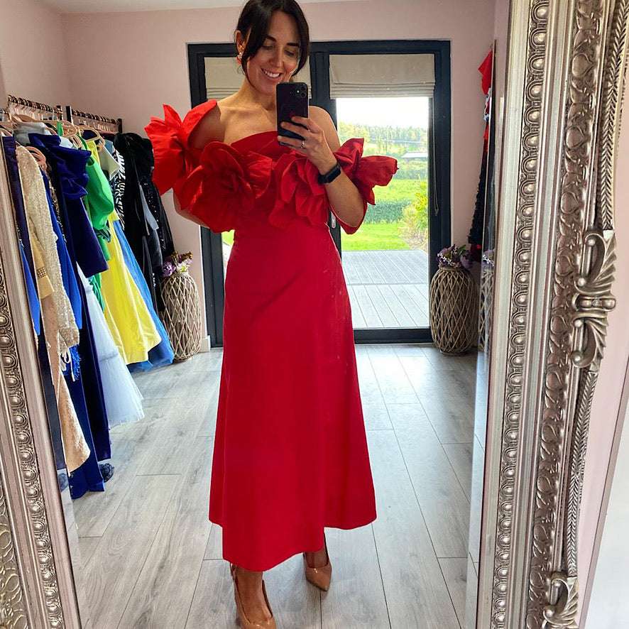 Wren, red midi dress, second view.