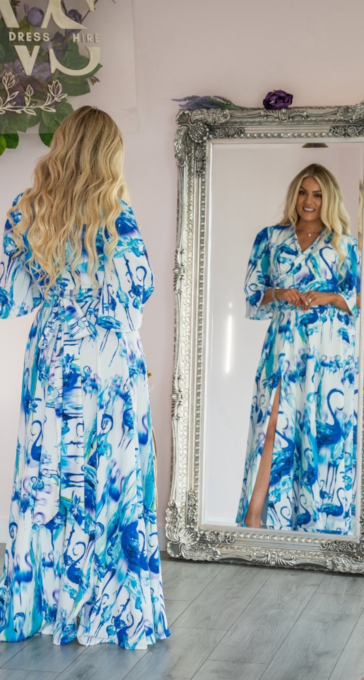 Abbie, a flowing blue and white maxi in a bespoke print.