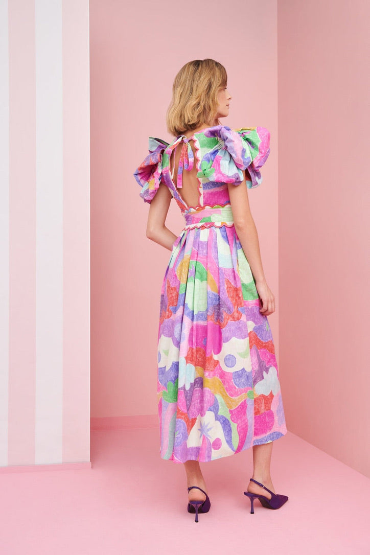 Phoebe, multi coloured midi dress, second view.