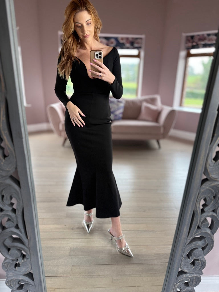 Athena, black midi dress, third view.