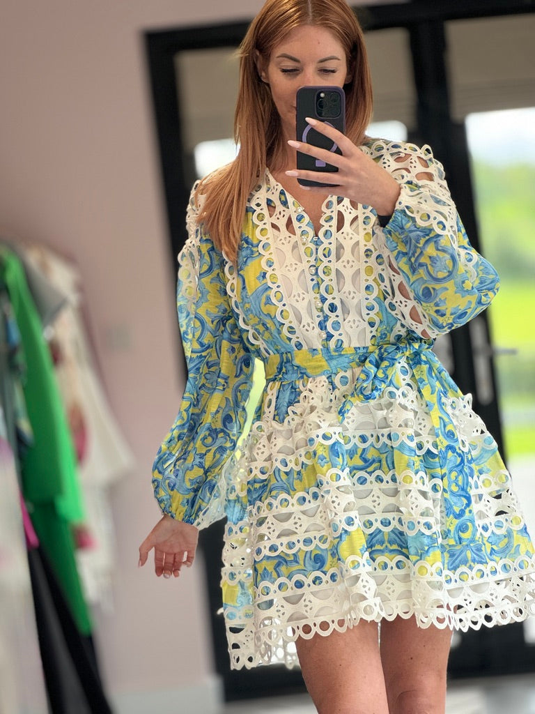 Audrey, blue mini dress, second view.
