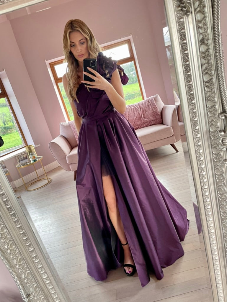 Aoife, purple midi dress, second view.