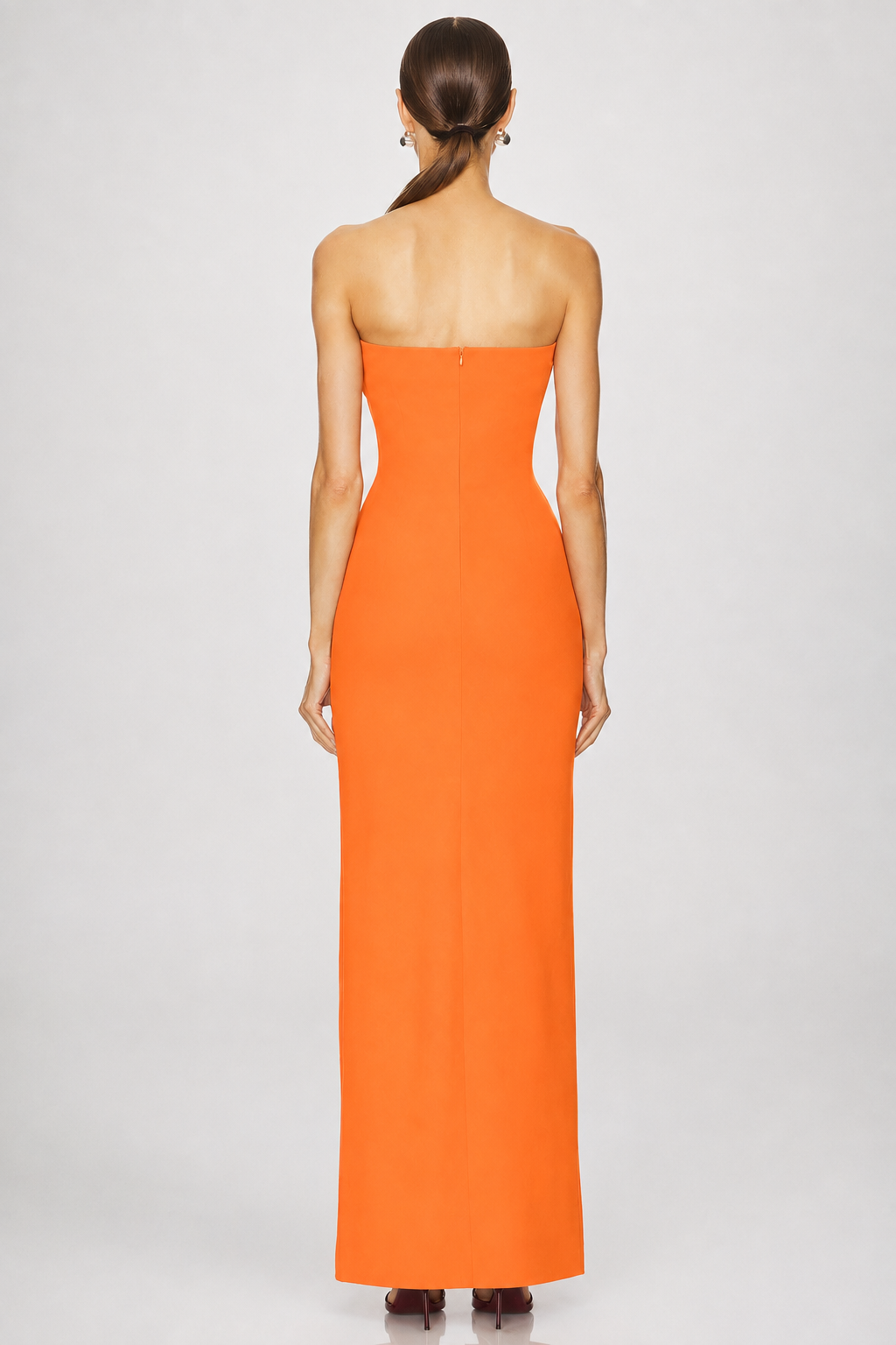 Simone, orange maxi dress, second view.