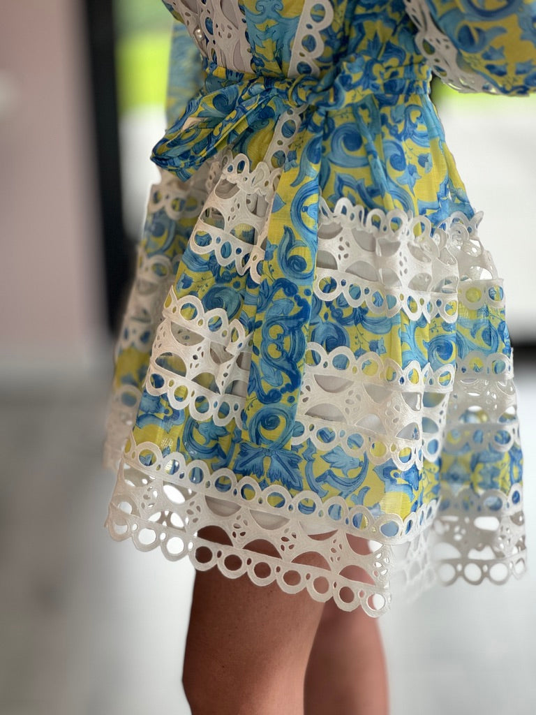 Audrey, blue mini dress, third view.