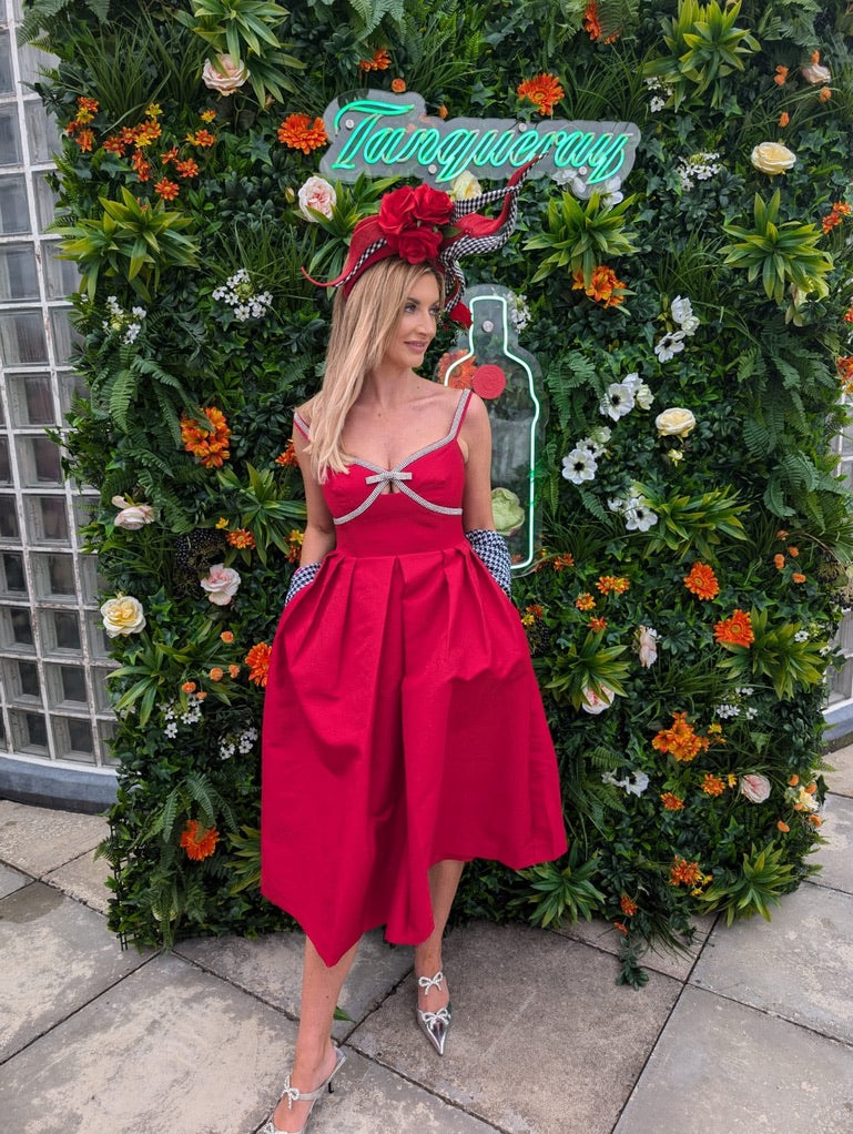 Avani, red midi dress, fourth view.