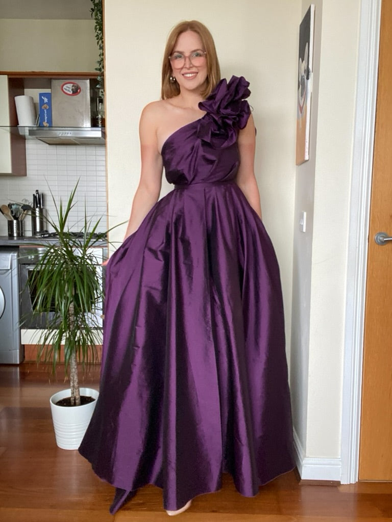 Aoife, purple midi dress, fourth view.