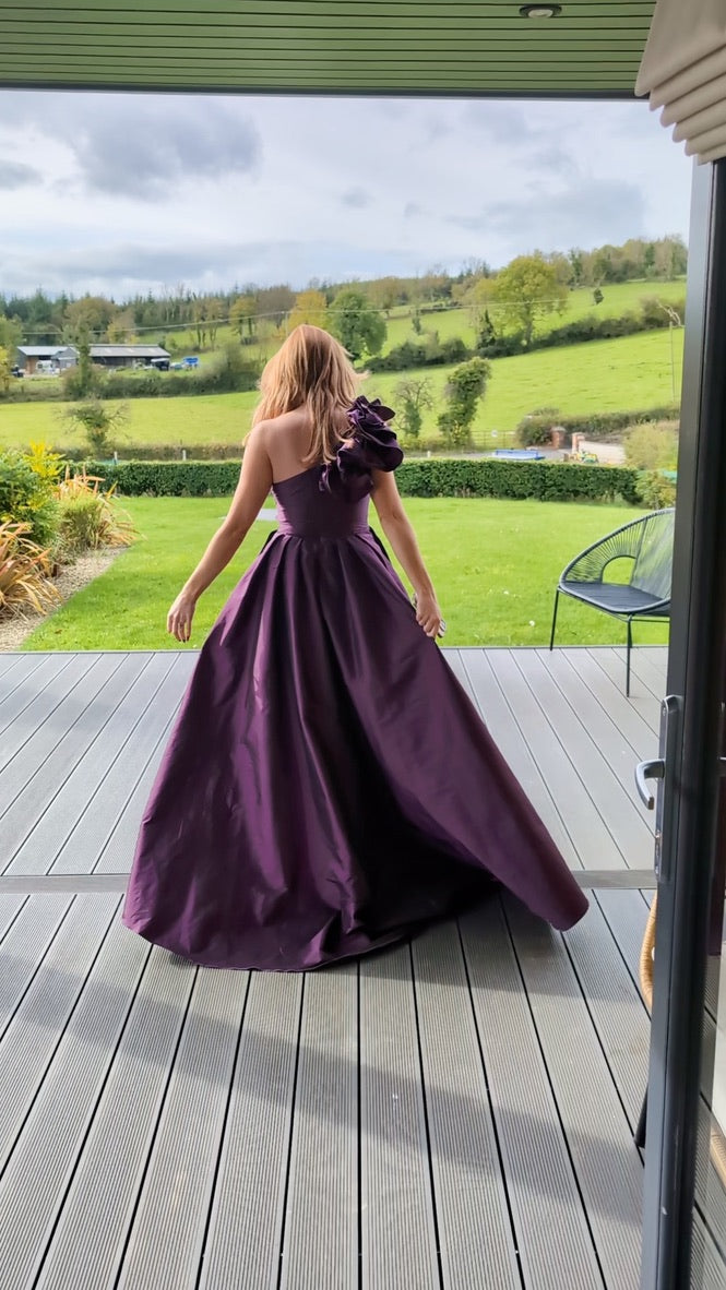 Aoife, purple midi dress, fifth view.