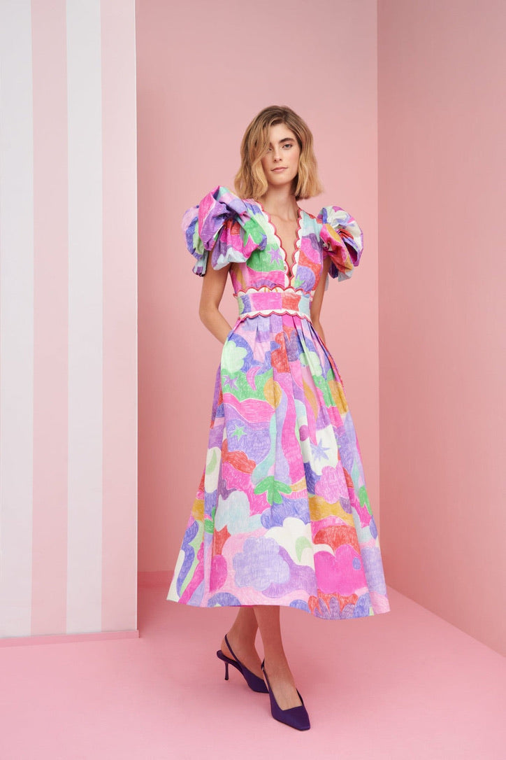 Phoebe, a playful multi coloured print midi with a deep V neckline, dramatic sleeves and an accentuated waistline.