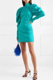 Terry, turquoise mini dress, second view.