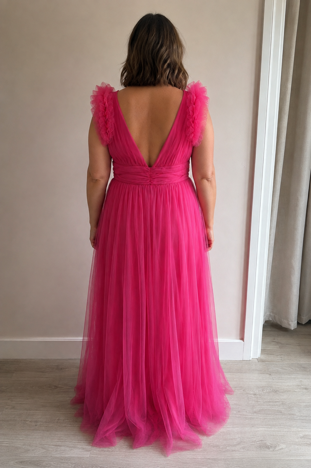 Amara, pink maxi dress, second view.