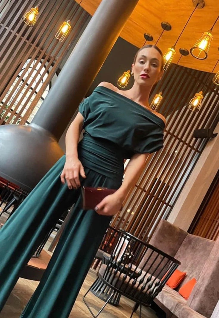 Talia, green jumpsuit, second view.