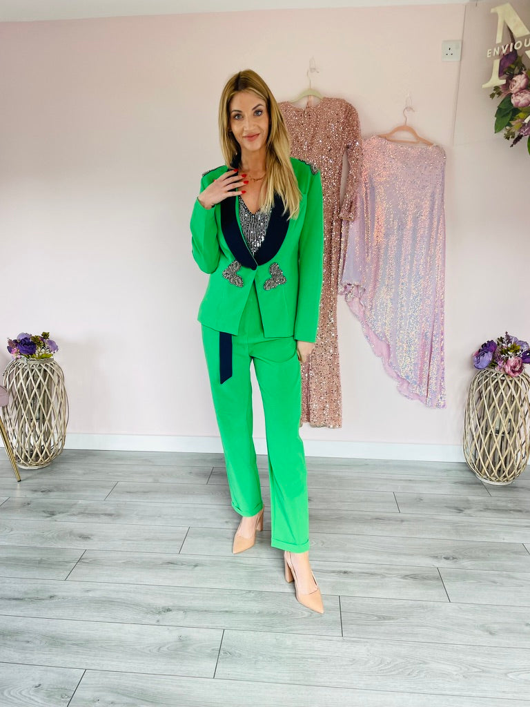 Blake, green trouser suit, fifth view.
