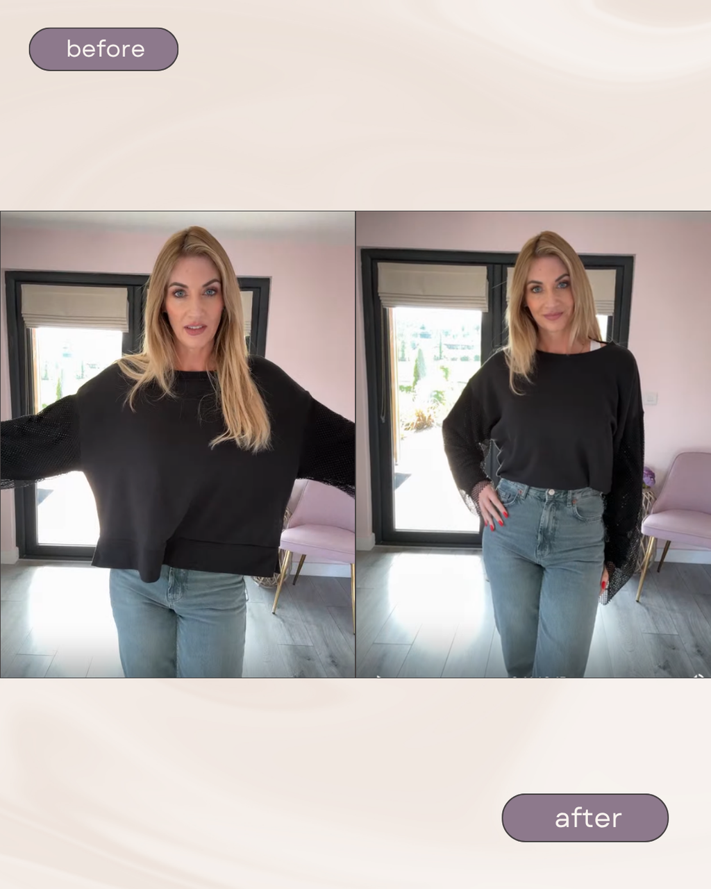 A boxy jumper before and after being cropped with the Envi Band