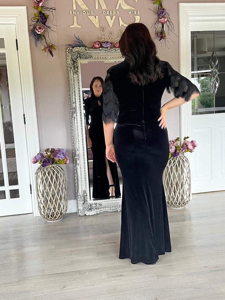Aria, black maxi dress, third view.