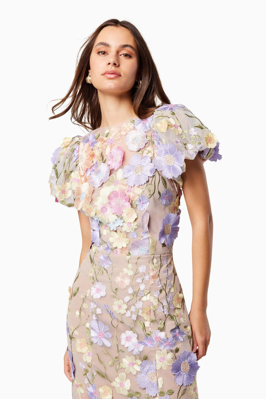 Caoilinn, a floral midi with a sculpted silhouette and a V neckline.