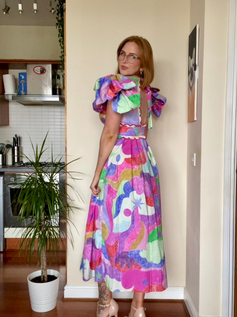 Phoebe, multi coloured midi dress, fourth view.