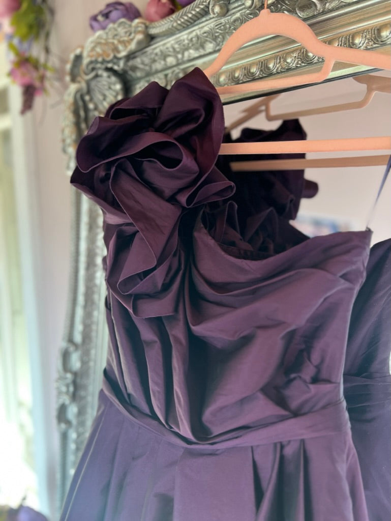Aoife, purple midi dress, third view.