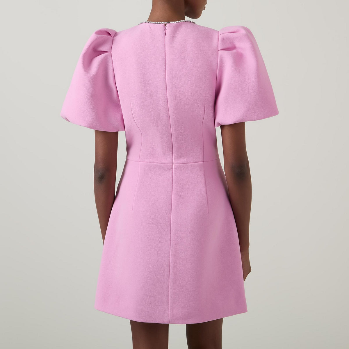 Ashley, pink mini dress, fourth view.