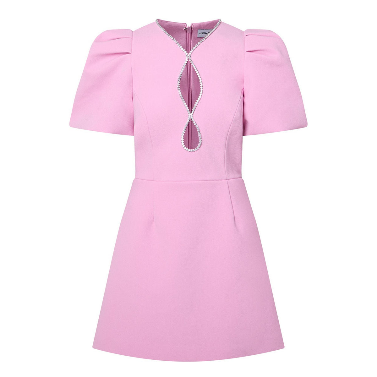 Ashley, pink mini dress, third view.