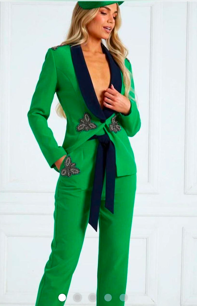 Blake, green trouser suit, second view.