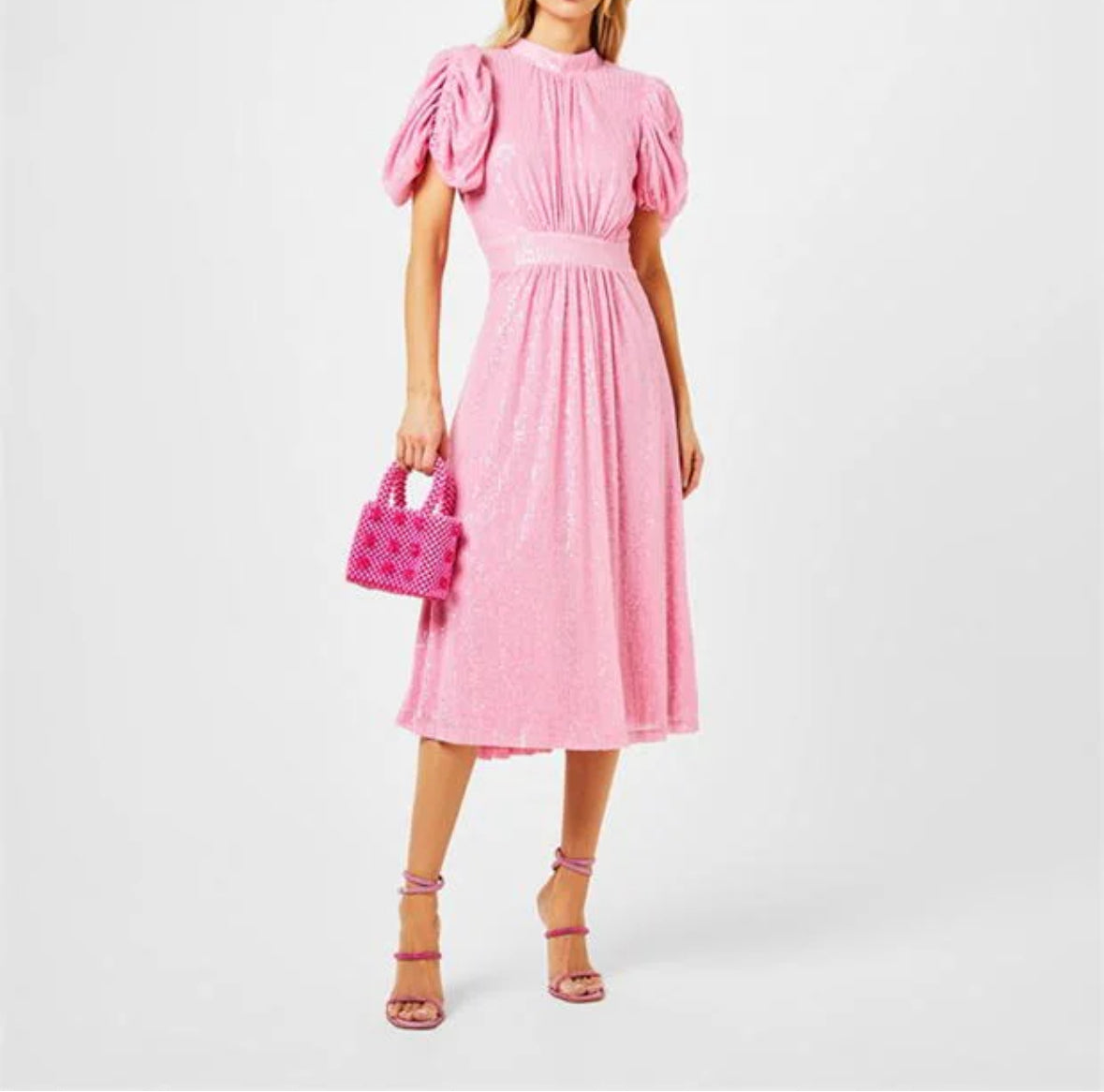 Belle, pink midi dress, third view.