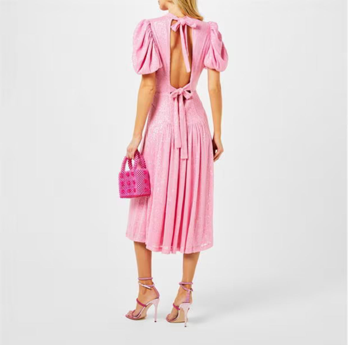 Belle, pink midi dress, second view.