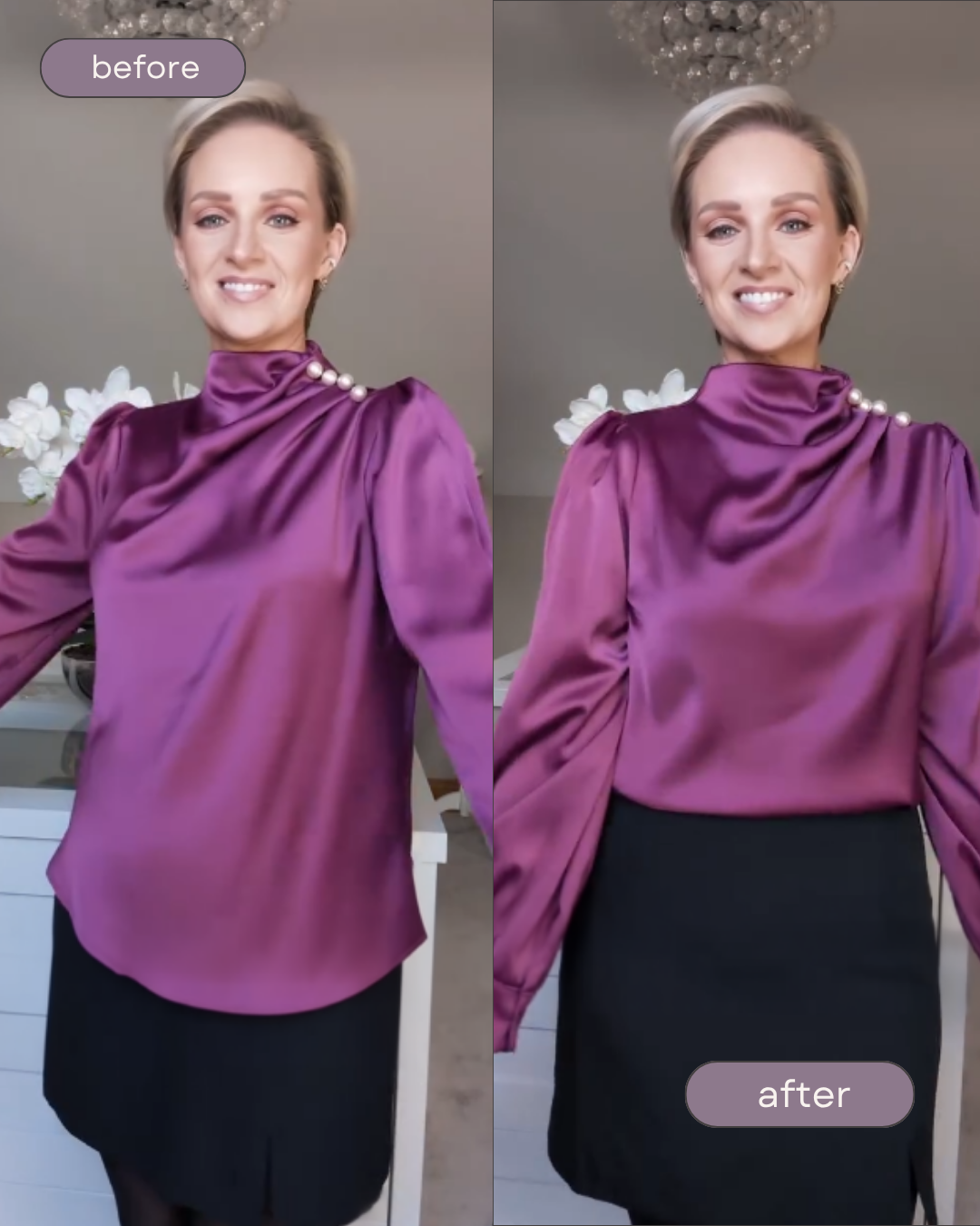 Before and after using the Envi Band to tuck a silk blouse