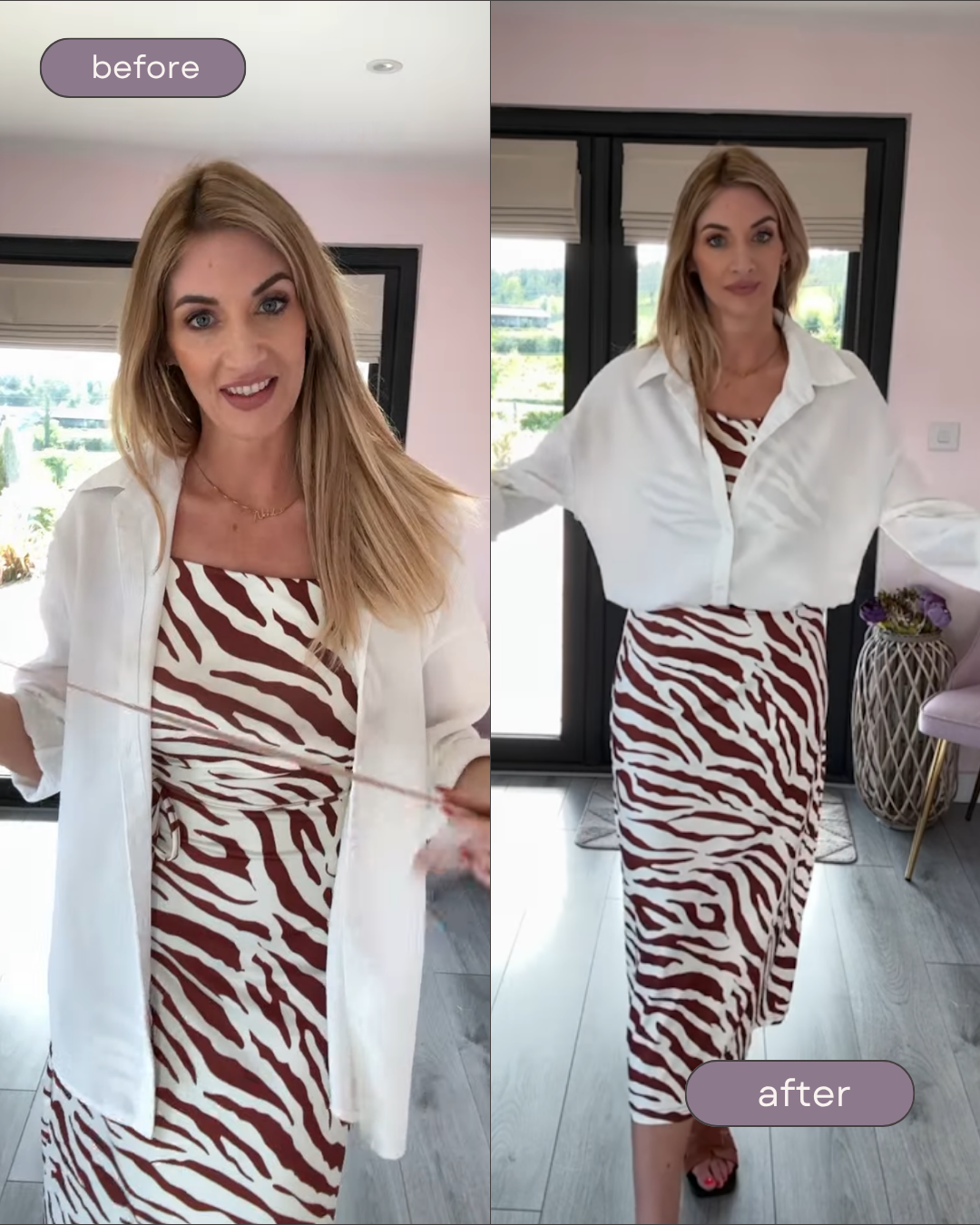 A top layered over a dress, before and after using the Envi Band