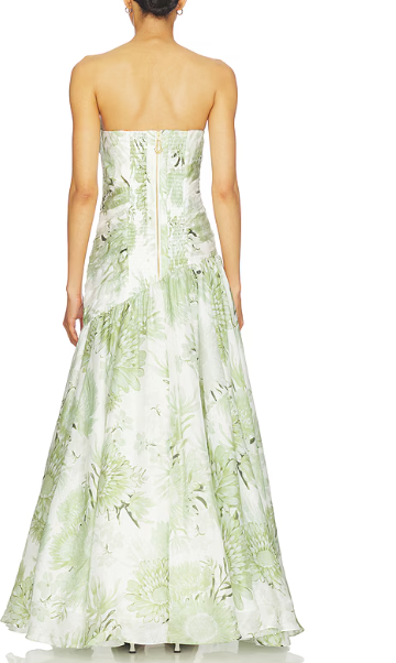 Stella, green maxi dress, third view.