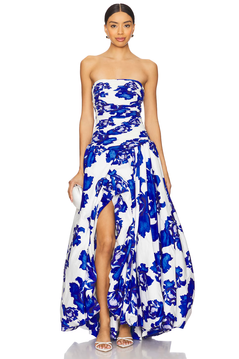 Blaire, a white and cobalt floral print maxi with a strapless bodice ruched across the front.